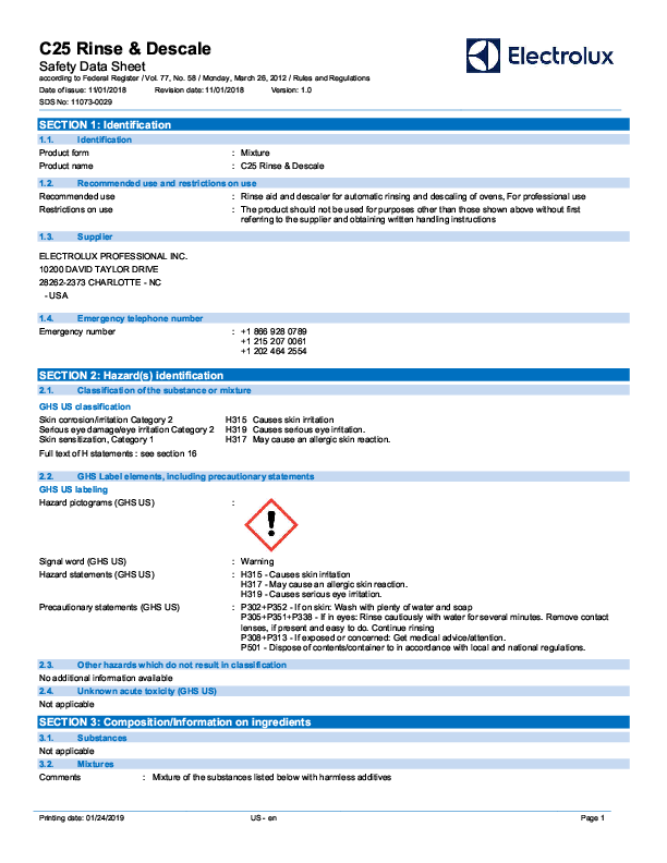 Rinse & Descale Safety Data Sheet