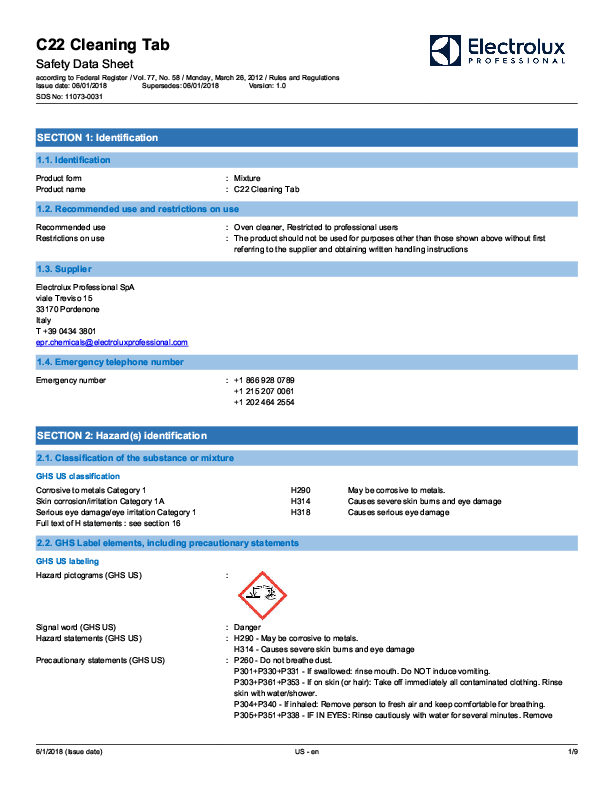 Cleaning Tab Safety Data Sheet