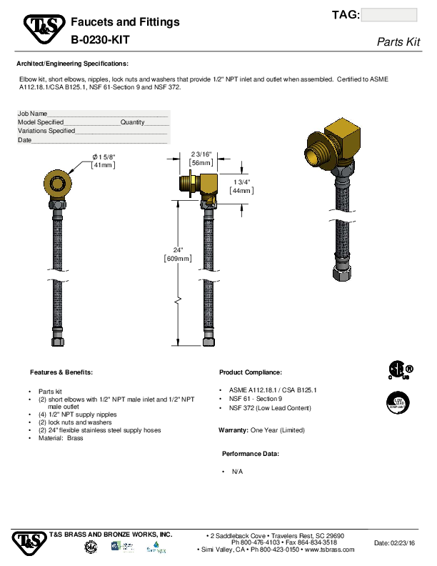 T＆S Brass B-0230-KIT Inlet Kit with 1/2-Inch Npt Nipple, Close