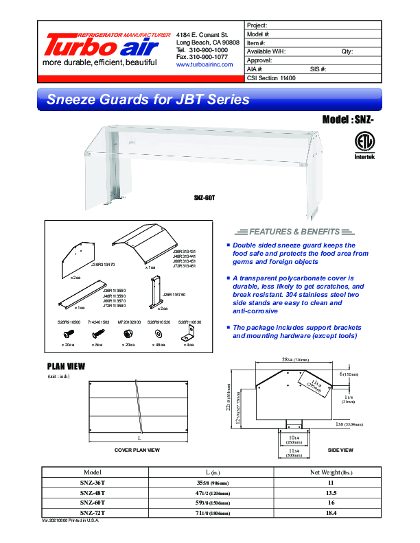 Sneeze Guard Specifications