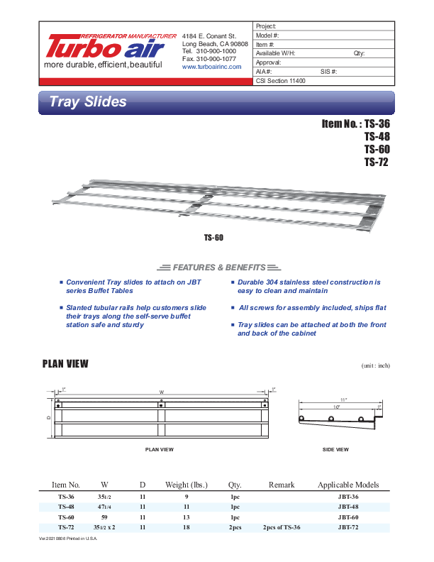 Tray Slide Specifications