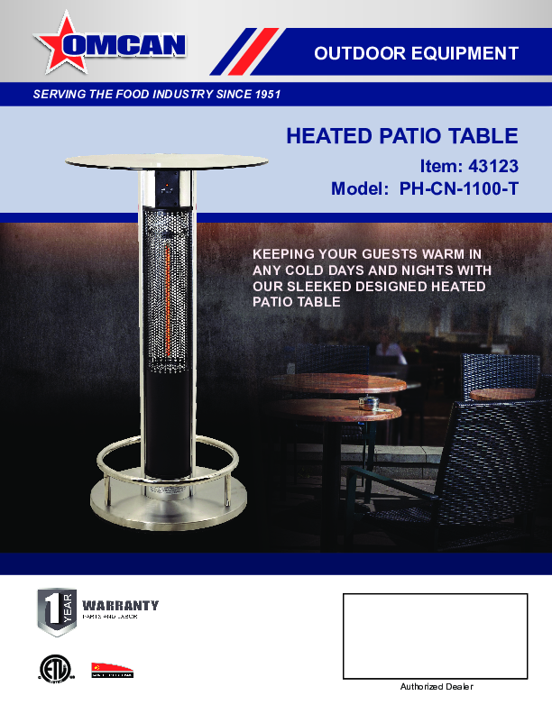 Omcan 43123 (PH-CN-1100-T) Heated Patio Table Electric 23-1/2 Dia.