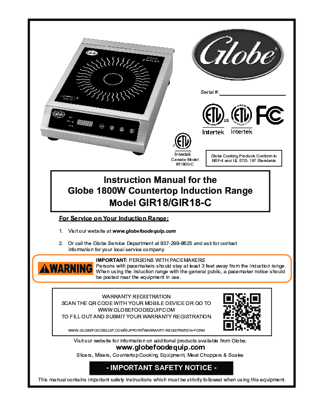 Globe GIR18 Induction Range Countertop Electric